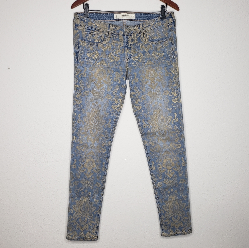 Abercrombie & Fitch Womens Floral Print Gold Skinny Jeans Size 30 Fittes Stretch